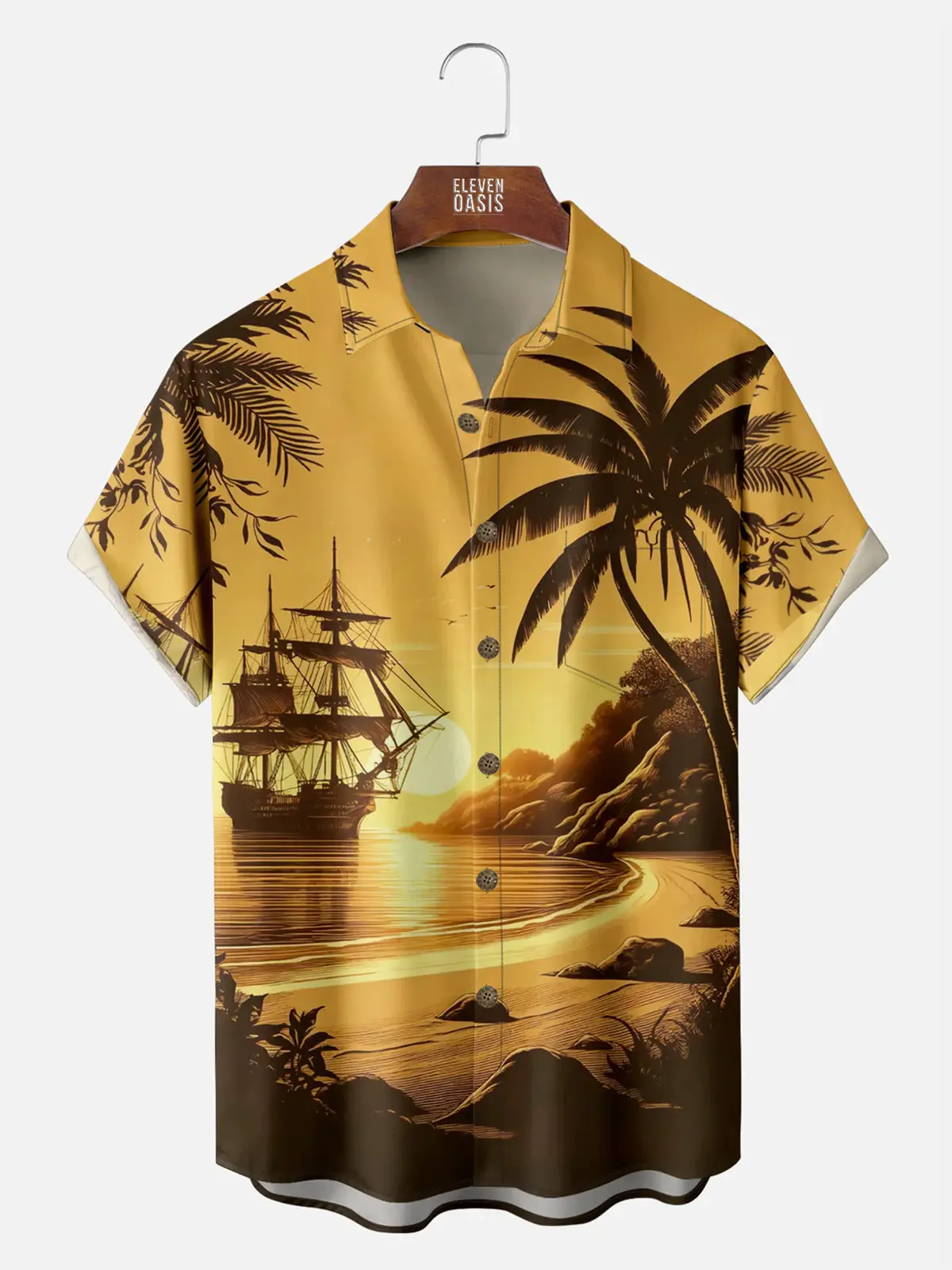 Image of Men's Pirate Ship Tropical Sunset Hawaiian Short Sleeve Shirt