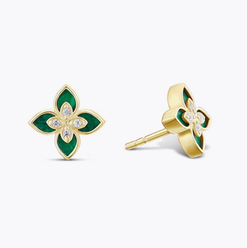 9ct Yellow Gold 8mm Created Malachite & Cubic Zirconia Floral Stud Earrings