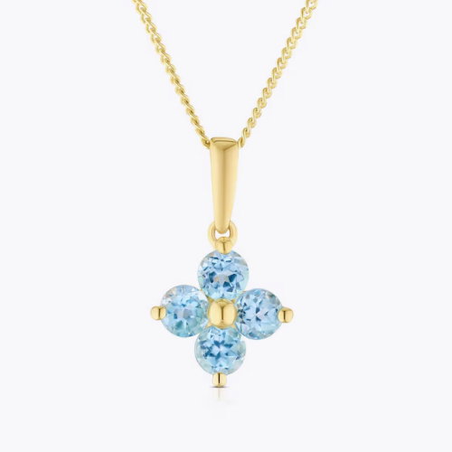 9ct Yellow Gold 16+2 Blue Topaz Flower Shaped Pendant Necklace