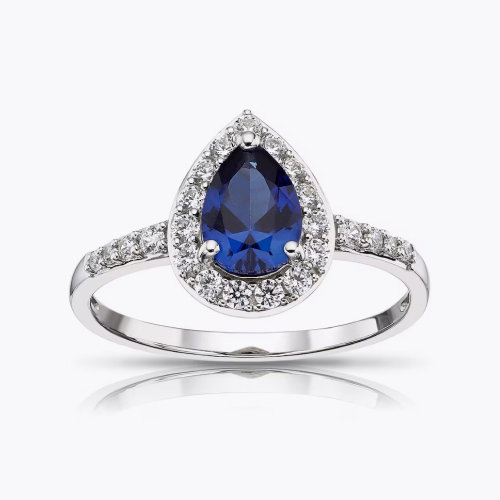 9ct White Gold Created Sapphire & CZ Pear Cluster Ring