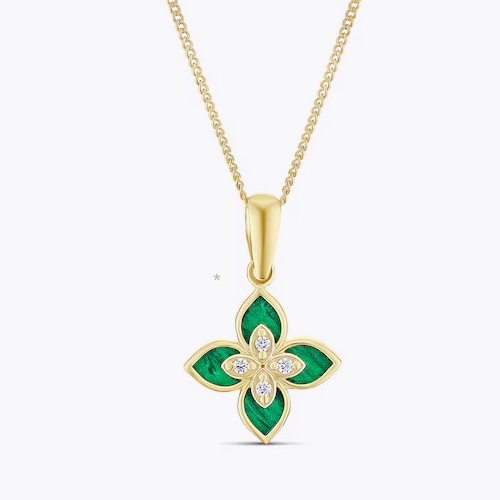 9ct Yellow Gold 18 Created Malachite Cubic Zirconia Floral Pendant