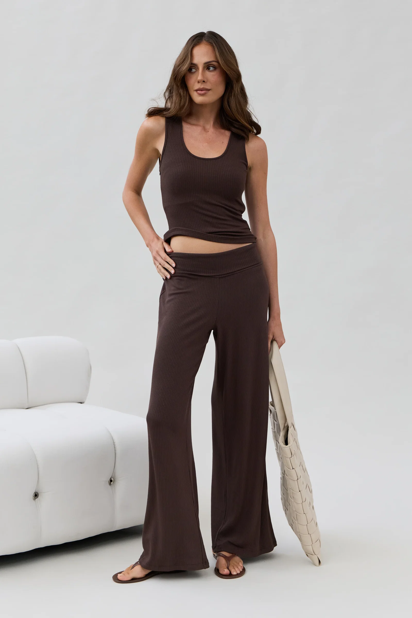 Image of Esta Ribbed Foldover Waist Pant - Chocolate