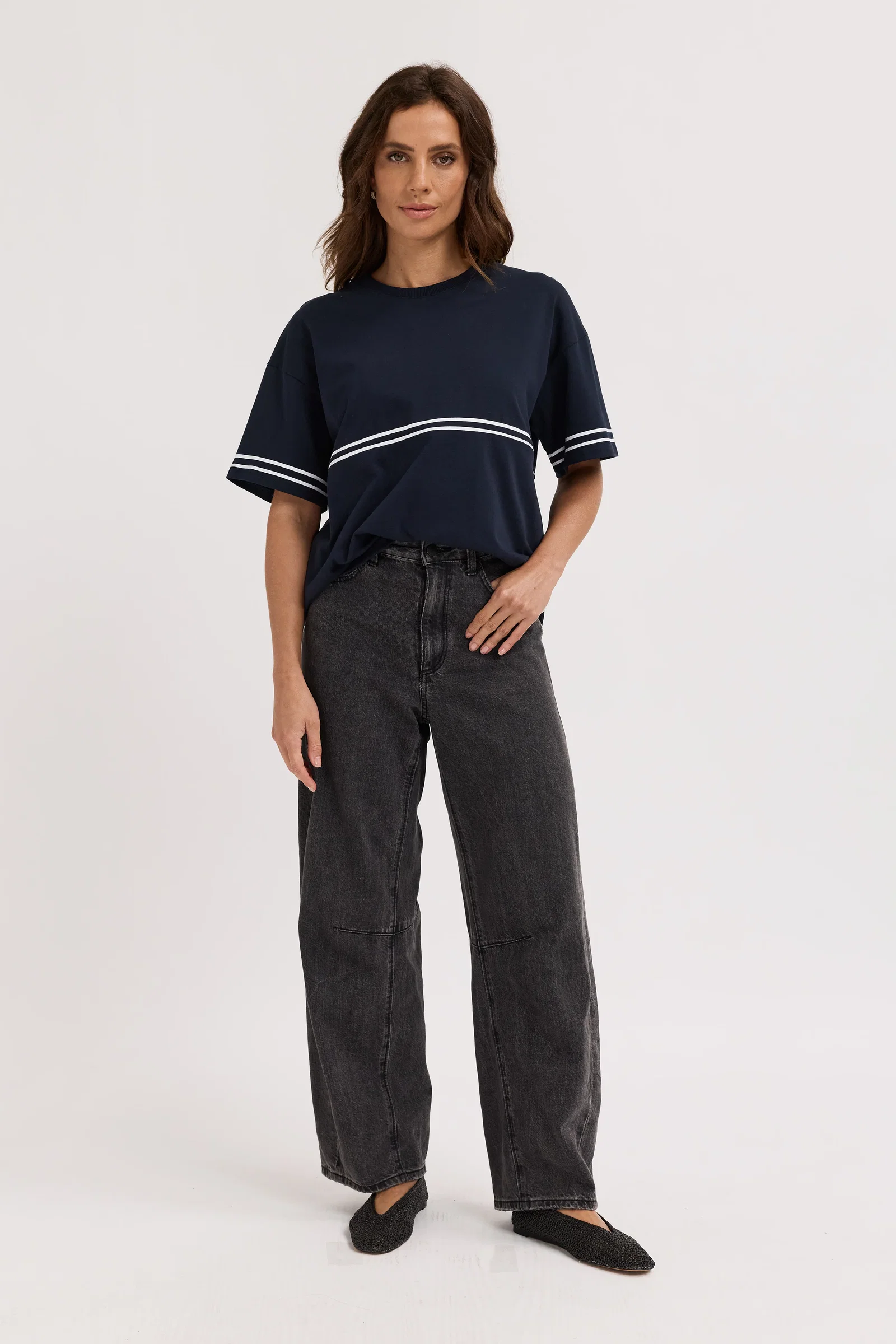 Image of Saxon Stripe Detail Panel Tee - Navy / White