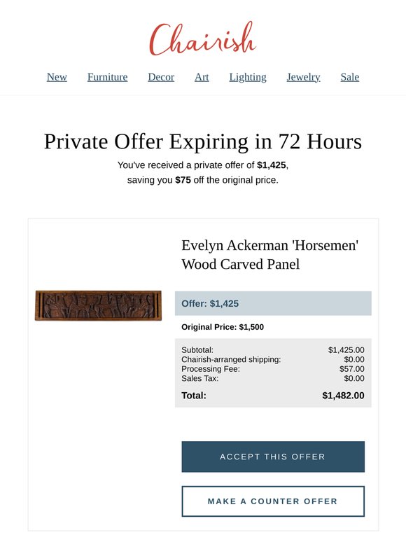 You have a private offer from a seller on Evelyn Ackerman 'Horsemen' Wood Carved Panel