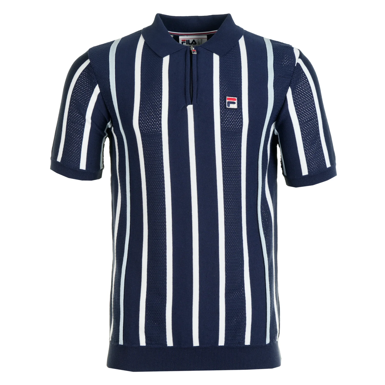 Image of FILA<BR>Giorgio Crochet Patchwork Knitted Zip Polo Fila Navy