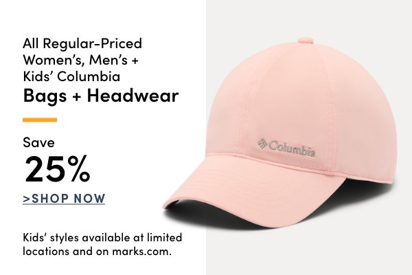 All Regular-Priced Women's, Men's + Kids' Columbia Bags + Headwear Save 25%