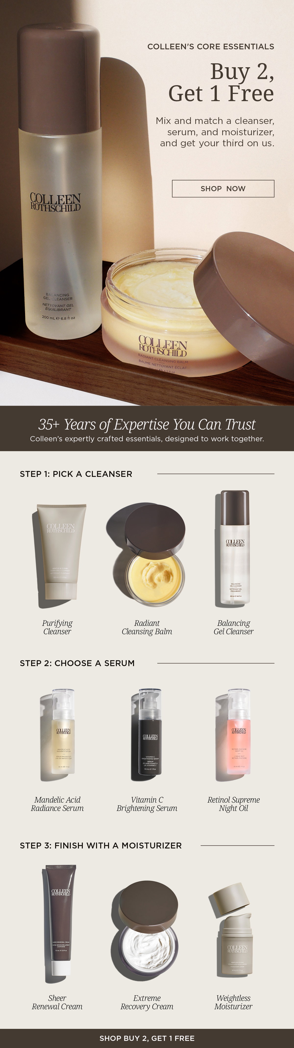 Buy 2, Get 1 Free skincare routine email from Colleen Rothschild Beauty featuring a customizable 3-step skincare system built around cleansers, serums, and moisturizers designed to work together for visible results, highlighting 35+ years of skincare expertise and encouraging customers to mix and match essentials to create a personalized routine, including cleansers like Purifying Cleanser, Radiant Cleansing Balm, and Balancing Gel Cleanser for makeup removal and balanced skin, targeted treatment serums including Mandelic Acid Radiance Serum for uneven texture, Vitamin C Brightening Serum for dark spots and radiance, and Retinol Supreme Night Oil for fine lines and smoother skin, plus moisturizers like Sheer Renewal Cream, Extreme Recovery Cream, and Weightless Moisturizer for hydration and barrier support, all positioned as dermatologist-inspired skincare staples that simplify routines while delivering healthier glowing skin through a limited-time Buy 2, Get 1 Free offer