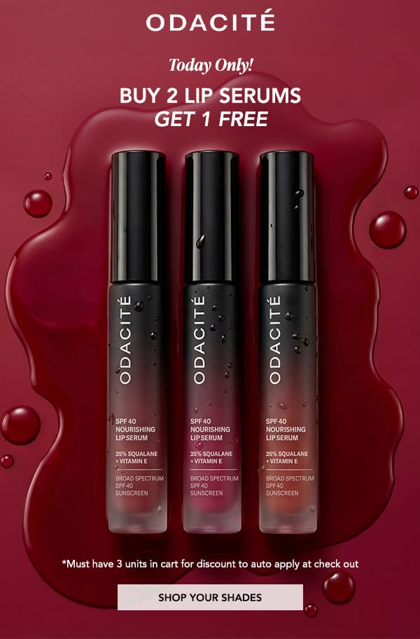 Are you ready to try a new shade of the NEW SPF 40 Nourishing Lip Serum?  Today Only!  BUY 2 LIP SERUMS GET 1 FREE  [SHOP YOUR SHADES] *Must have 3 units in cart for discount to auto apply at check out 
