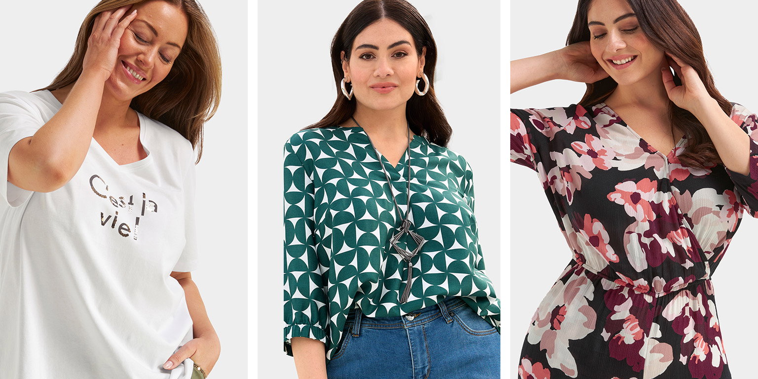 Drie modellen: links met wit shirt en opdruk 'C'est la vie!', midden met groene blouse met patroon, rechts met bloemen wikkeljurk. 