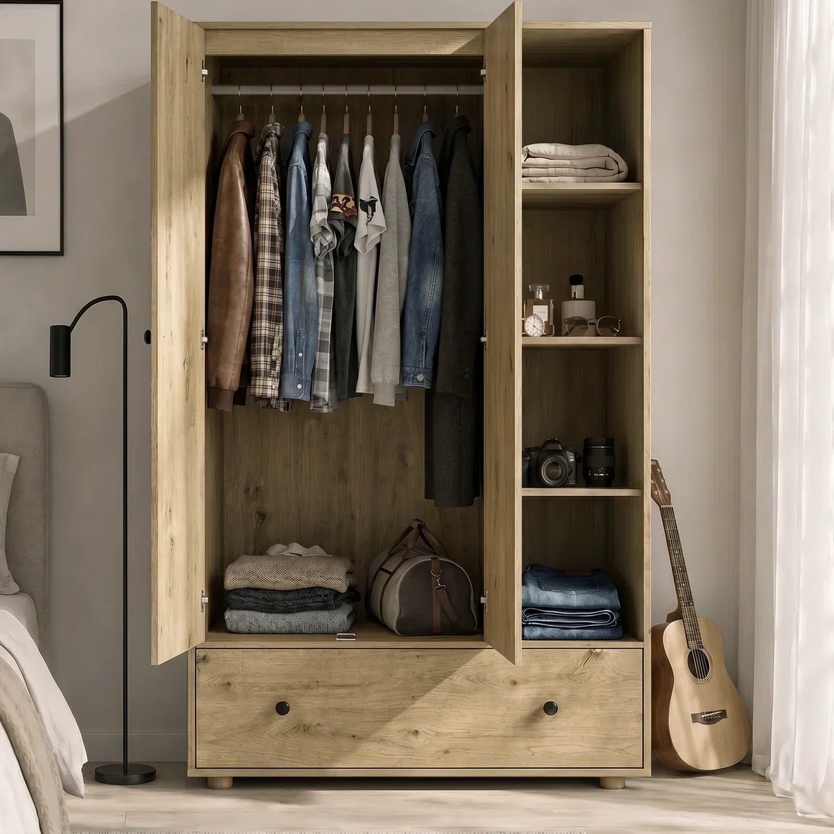 Selby wardrobe open with hanging clothes and shelves styled