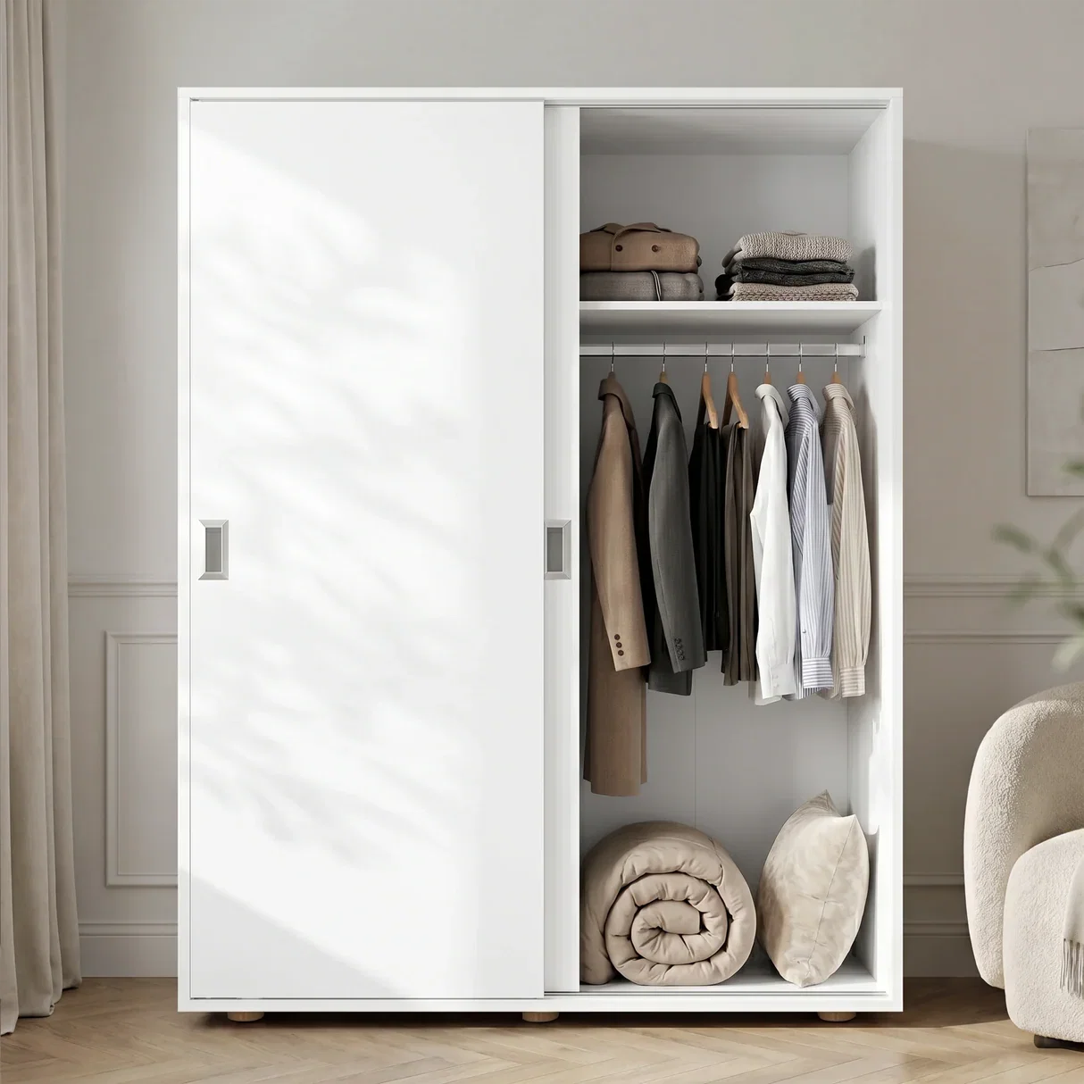Torvek wardrobe with one sliding door open in a calm bedroom