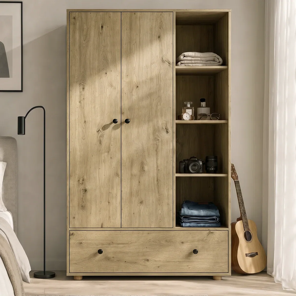 The Selby Wardrobe in Oak — styled bedroom lifestyle