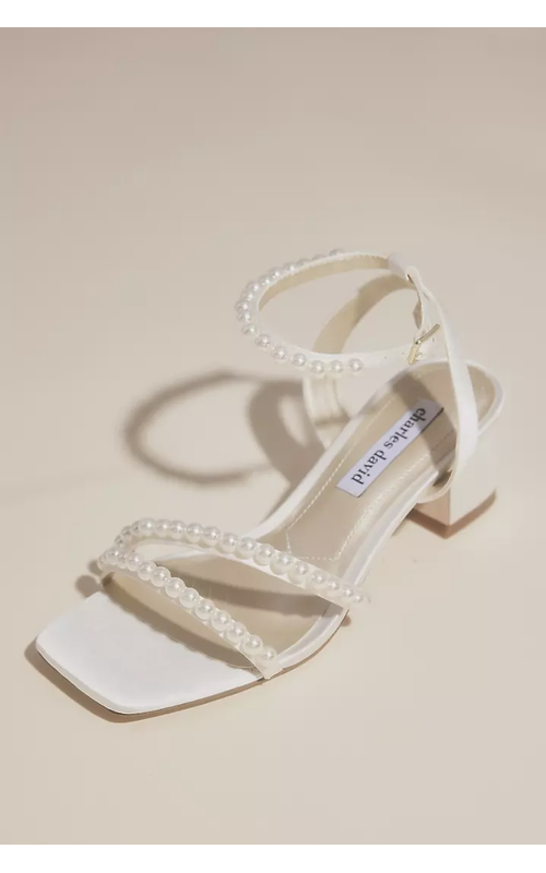 Pearl Strap Satin Low Block Heel Sandals