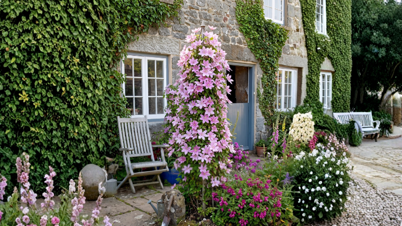 Garden scene with a stone pathway and brick home featuring plants in the garden highlighting the Sally Clematis