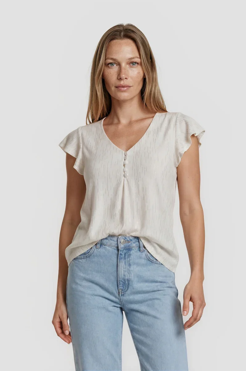 Image of V Neck Frill Sleeve Top - Cream