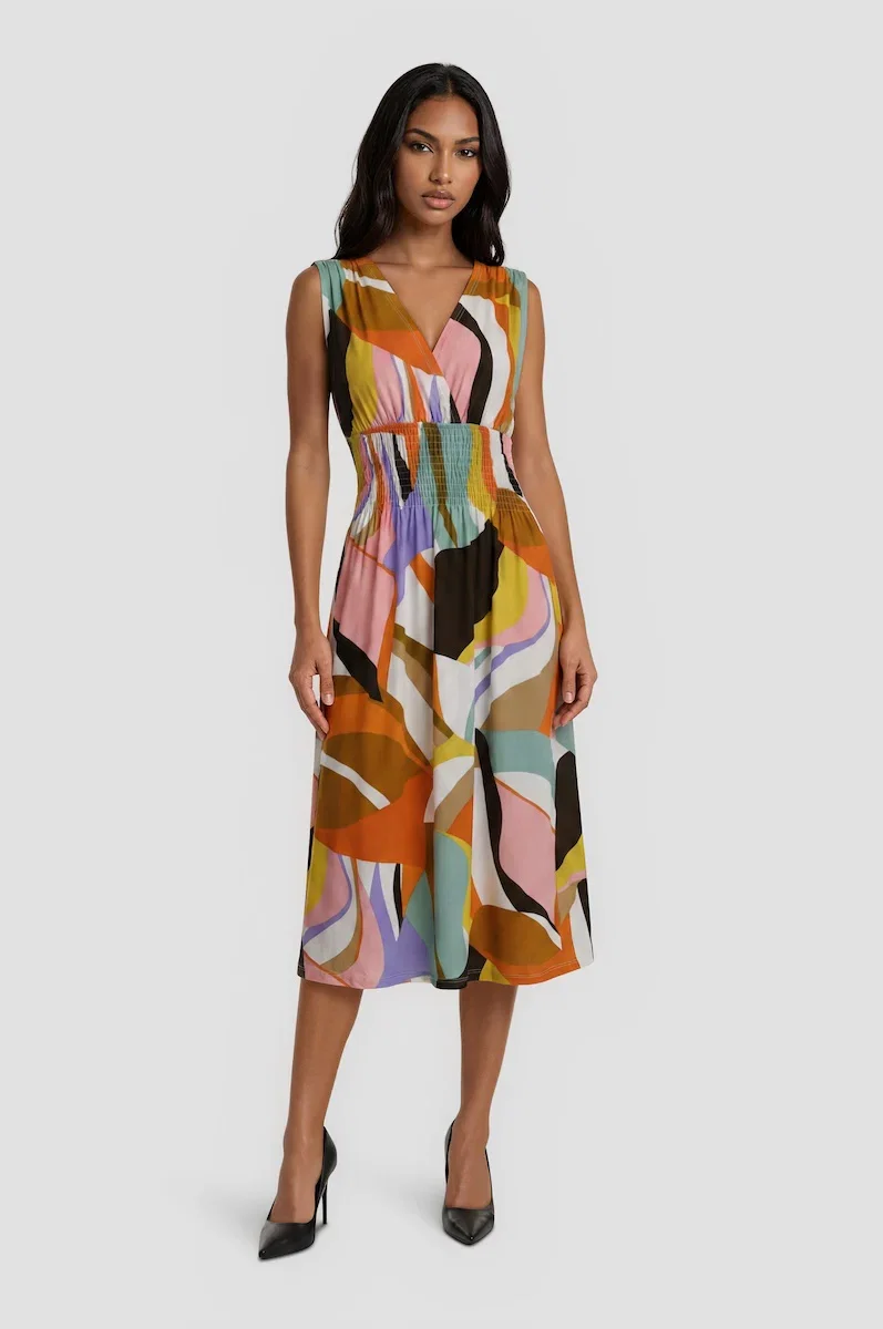 Image of Sleeveless Smocked Waist Dress - Multi