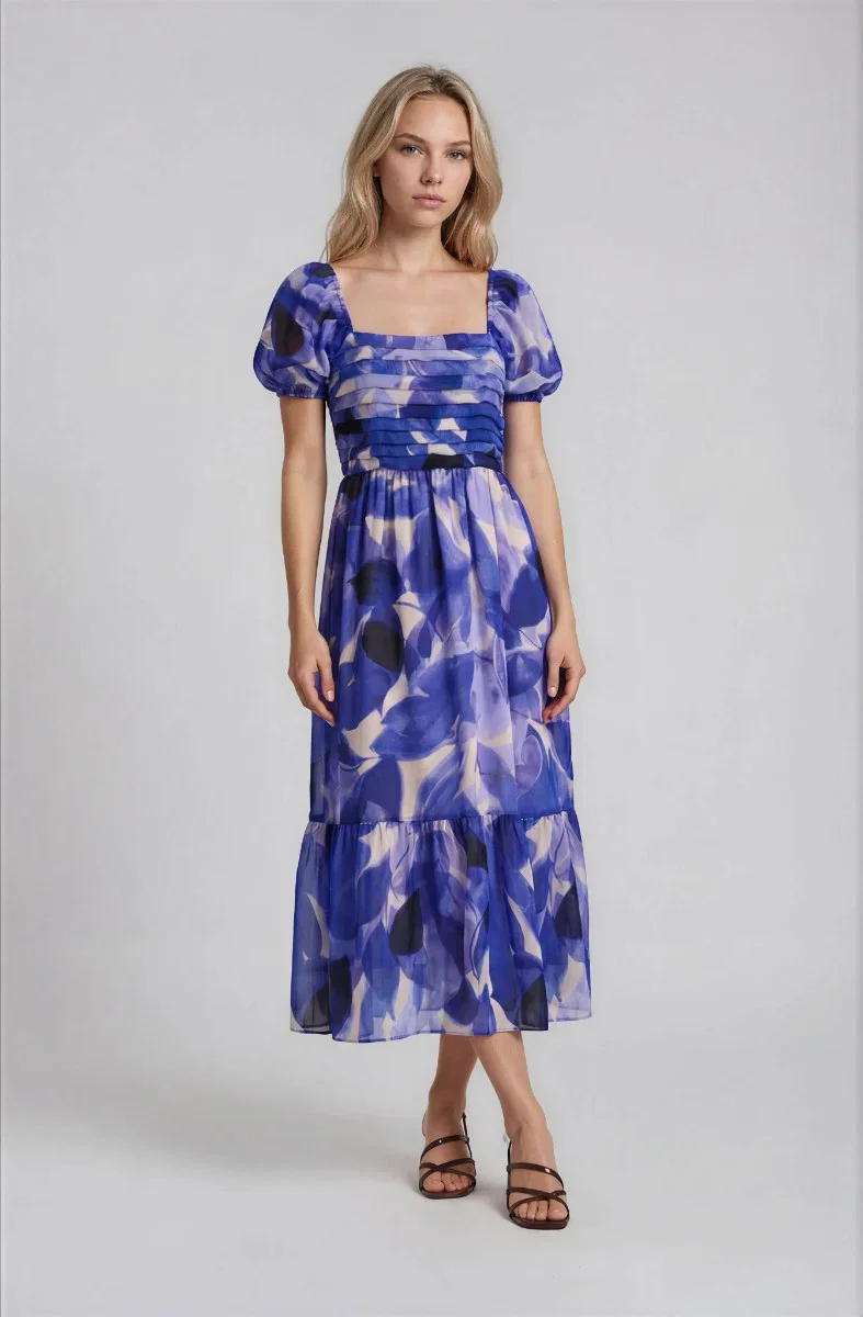 Image of Printed Puff Sleeve Dress - Blue