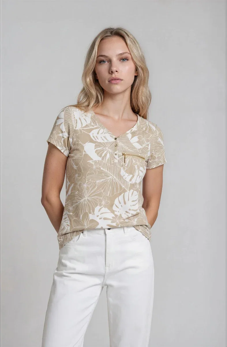 Image of Short Sleeve Zip Henley - Beige