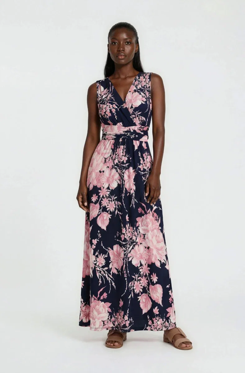 Image of Sleeveless Printed Maxi Dress - Navy