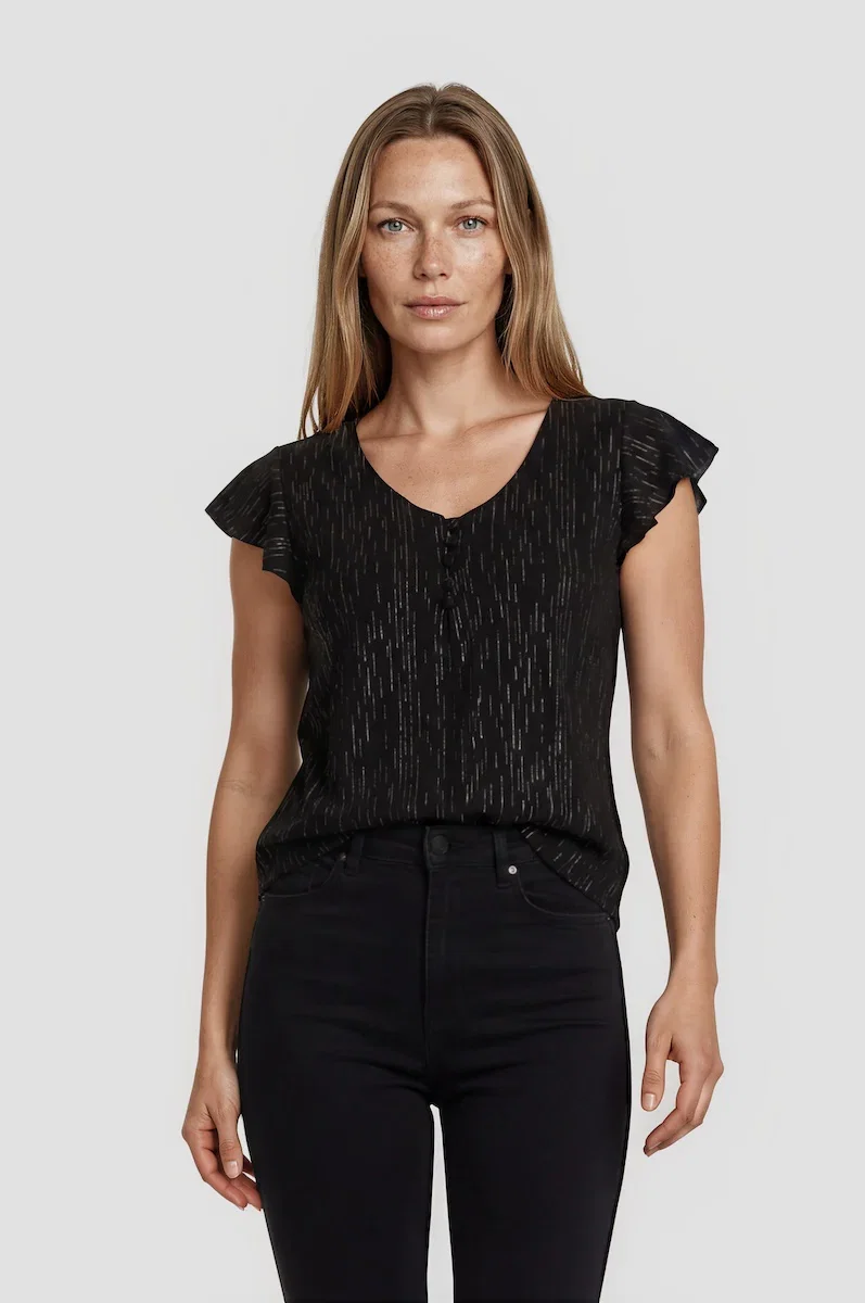 Image of V Neck Frill Sleeve Top - Black