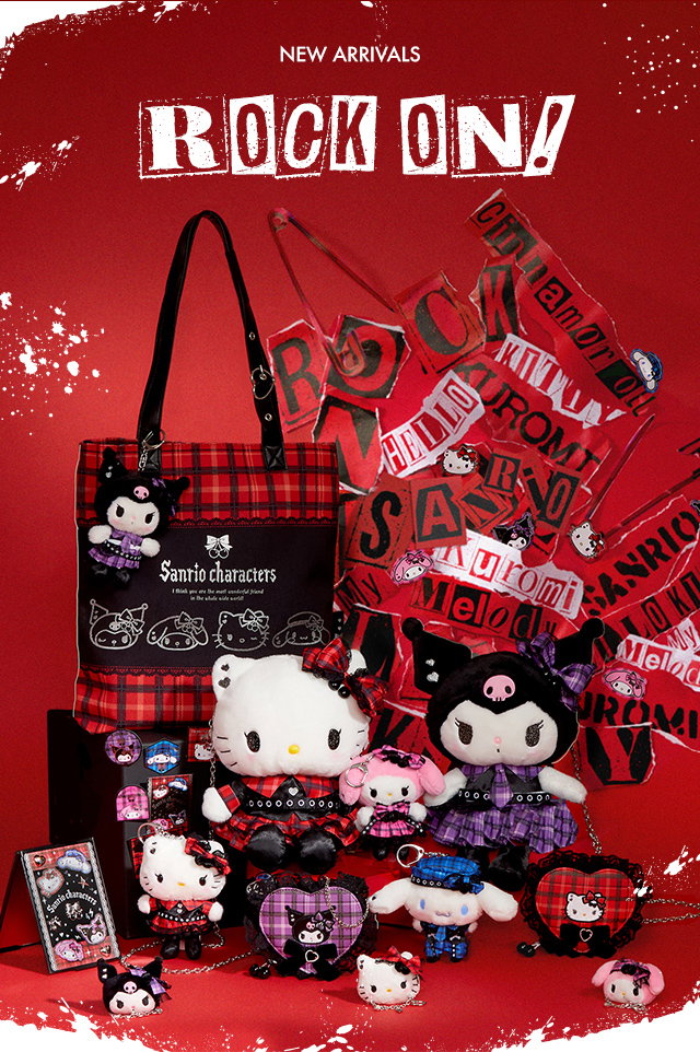 NEW ARRIVALS | ROCK ON! | Sanrio Characters Rock n' Check Collection displayed against a red background with graphics.