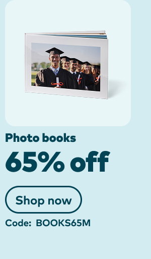 65% off photo books. Code: BOOKS65M. Shop now.