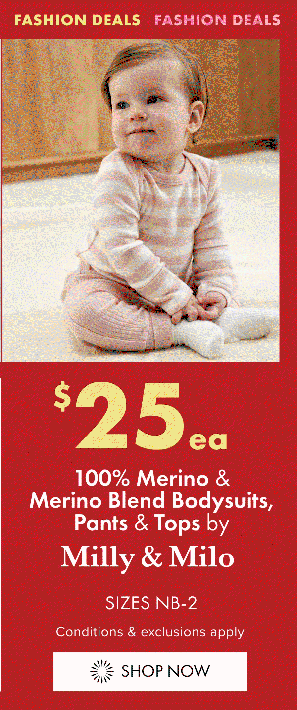 $25ea 100% Merino & Merino Blend Bodysuits, Pants & Tops by Milly & Milo (Sizes NB-2)