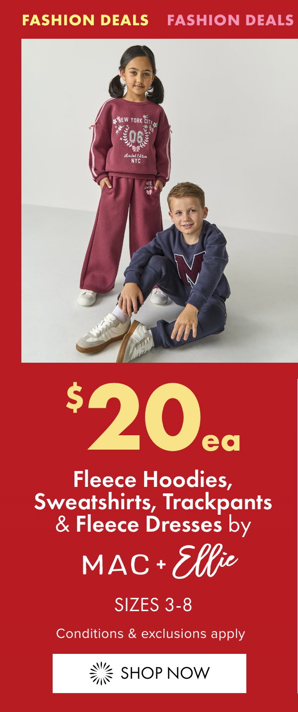 $20ea Fleece Hoodies, Sweatshirts, Trackpants & Fleece Dresses by Mac+Ellie (Sizes 3-8)