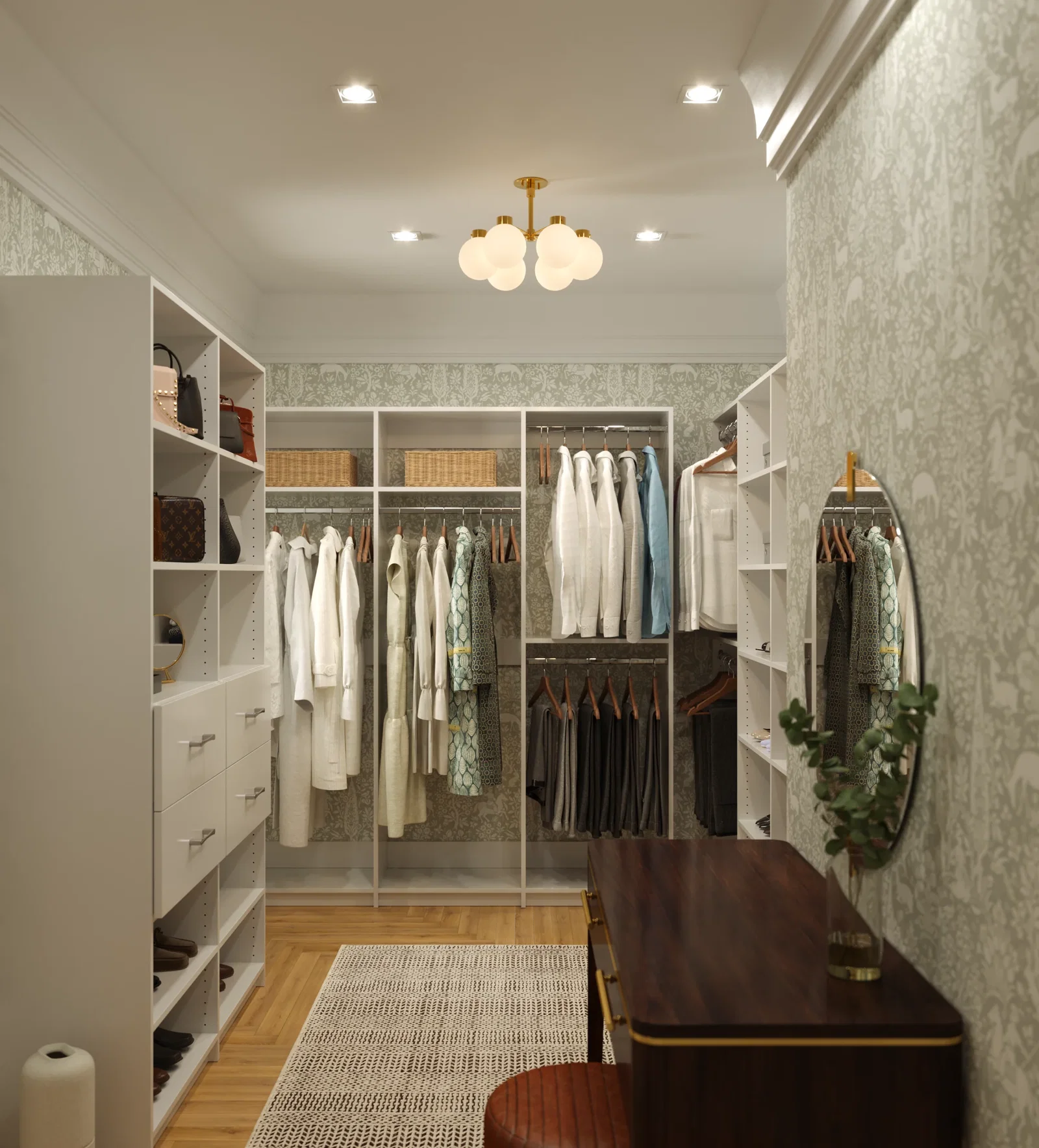 white walk in with desk