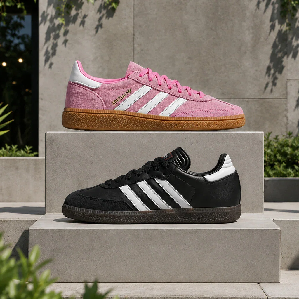 Two Adidas Samba sneakers displayed on concrete blocks: pink with white stripes and gum sole on top, black with white stripes on bottom.