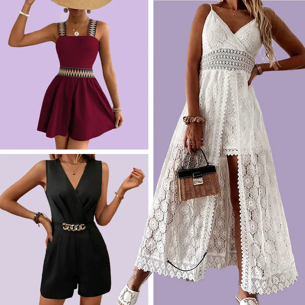 Women's Brunch Looks collection featuring burgundy dress with gold trim, white lace midi dress, and black wrap romper.