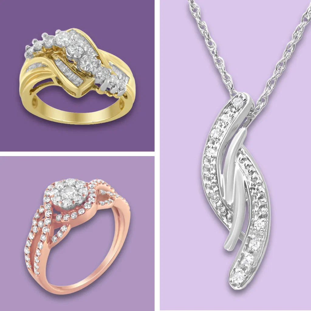 Haus of Brilliance jewelry collection featuring diamond rings and pendant necklace in gold and silver metals.