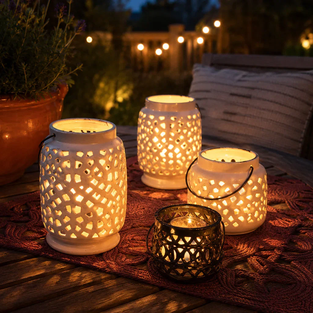 Illuminated decorative lanterns with geometric cutout patterns arranged on a wooden deck at dusk, creating warm ambient lighting.
