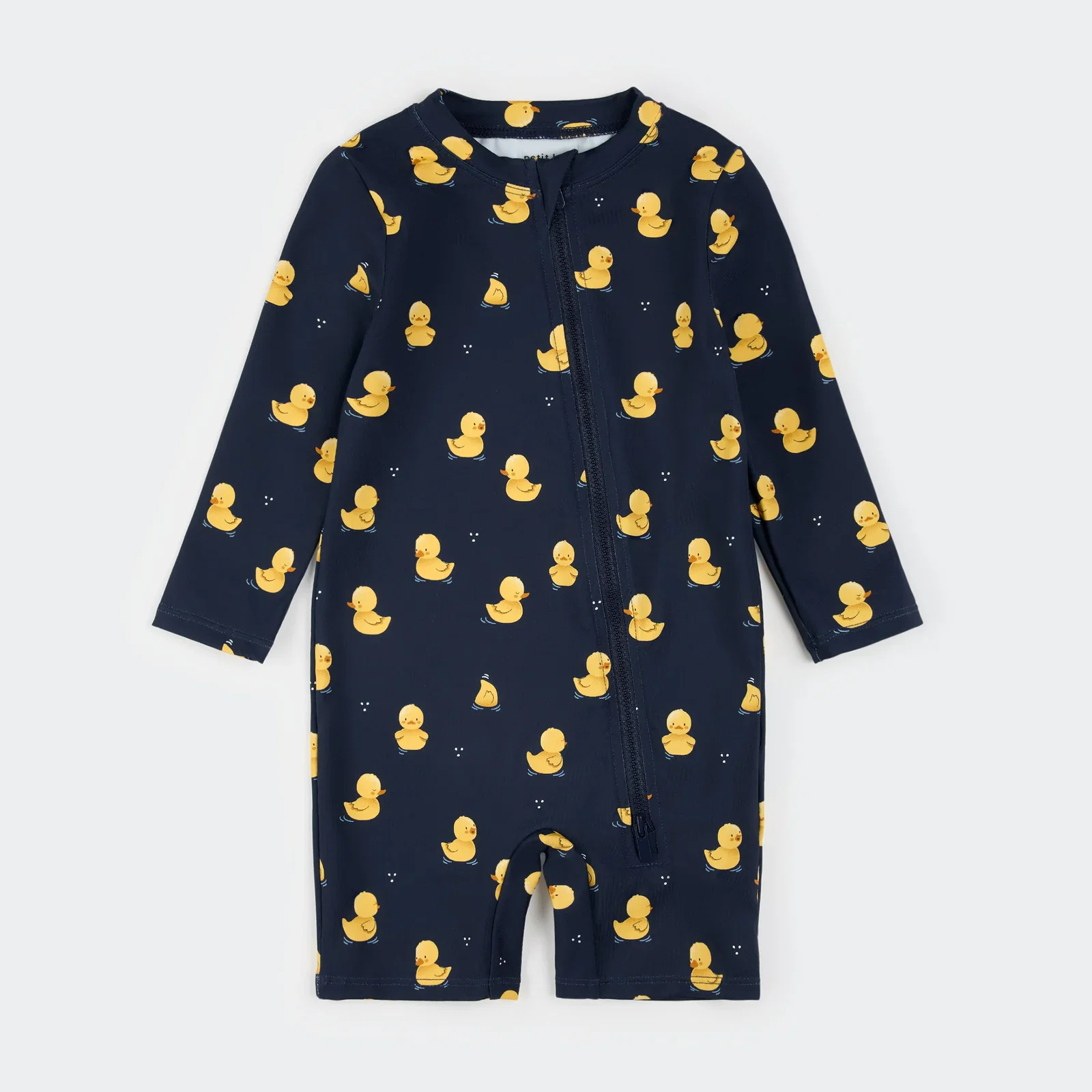 Image of Rubber Ducks on Navy Long-Sleeve Swim Romper