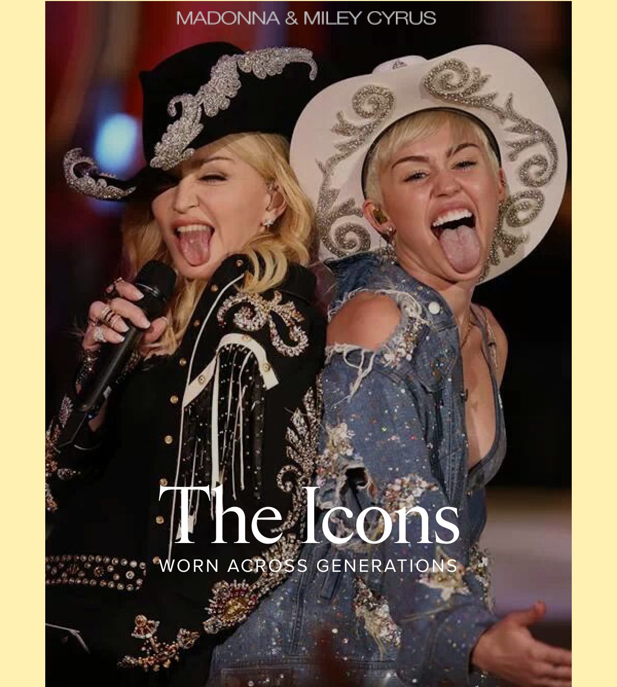Madonna and Miley Cyrus posing together, both making playful faces.