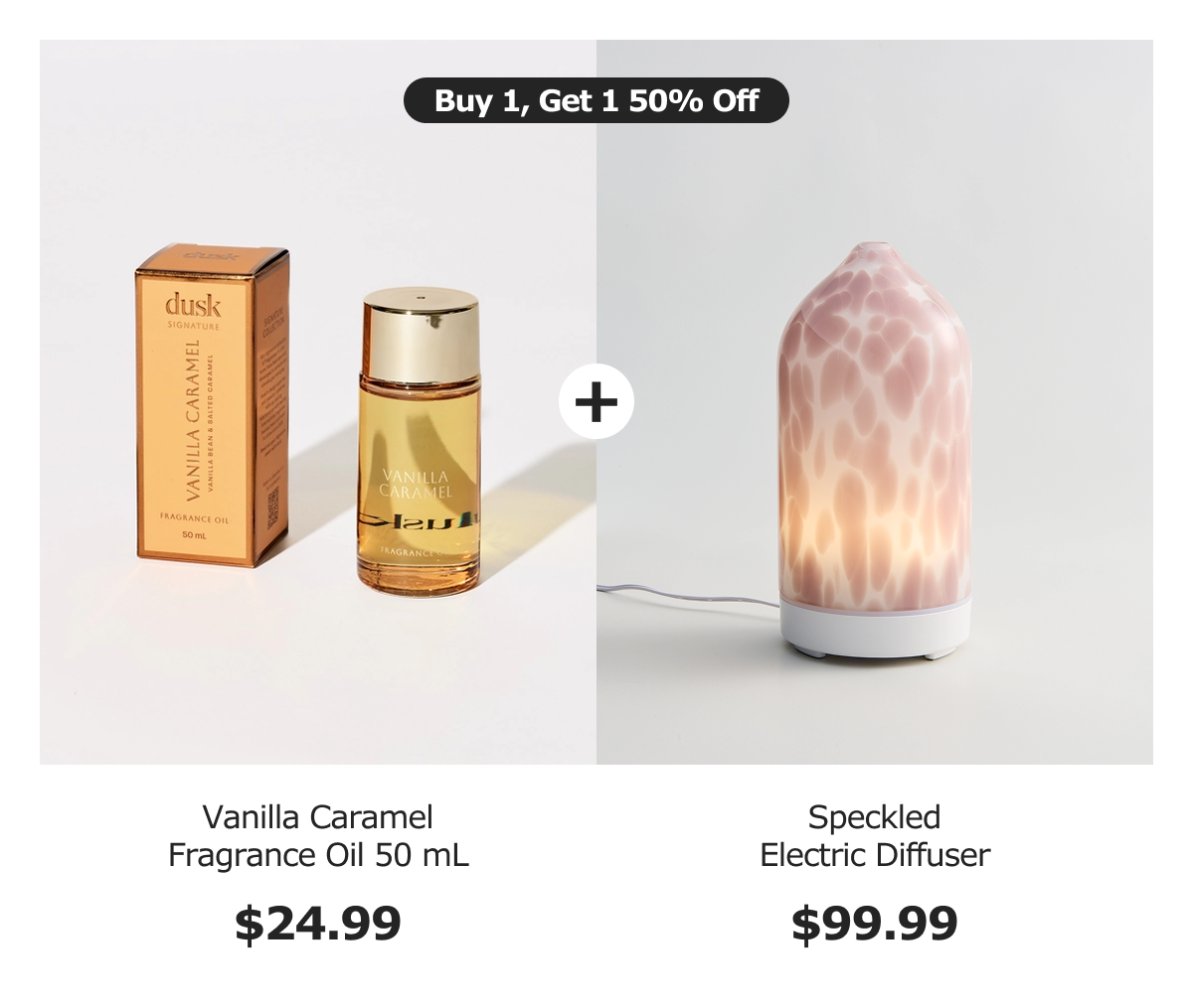 Buy 1, Get 1  50% OFF. Vanilla Caramel Fragrance Oil + Speckled Electric Diffuser