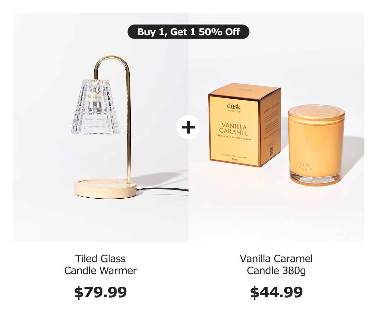 Buy 1, Get 1  50% OFF. Tiled Glass Warmer + Vanilla Caramel Candle