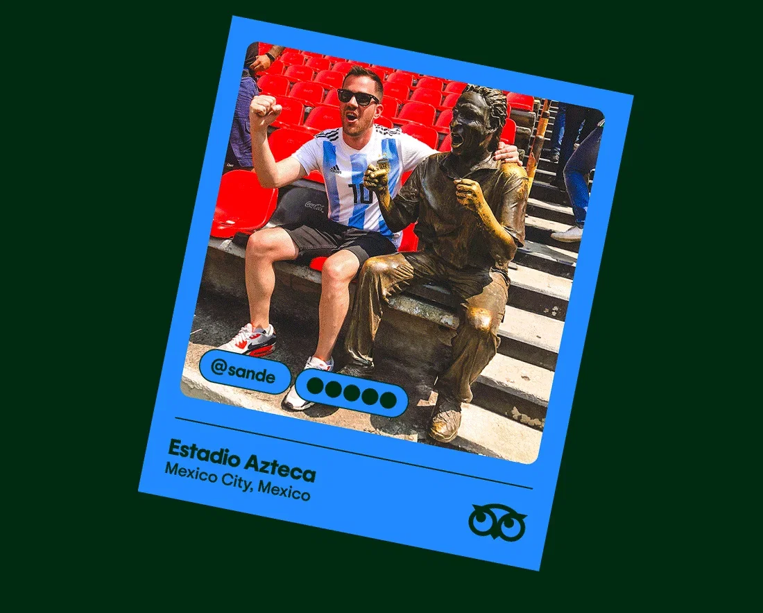 Image description: A gif rotating through images of soccer fans smiling and posing at different stadiums including the Mercedes Benz Stadium and Estadio Azteca.