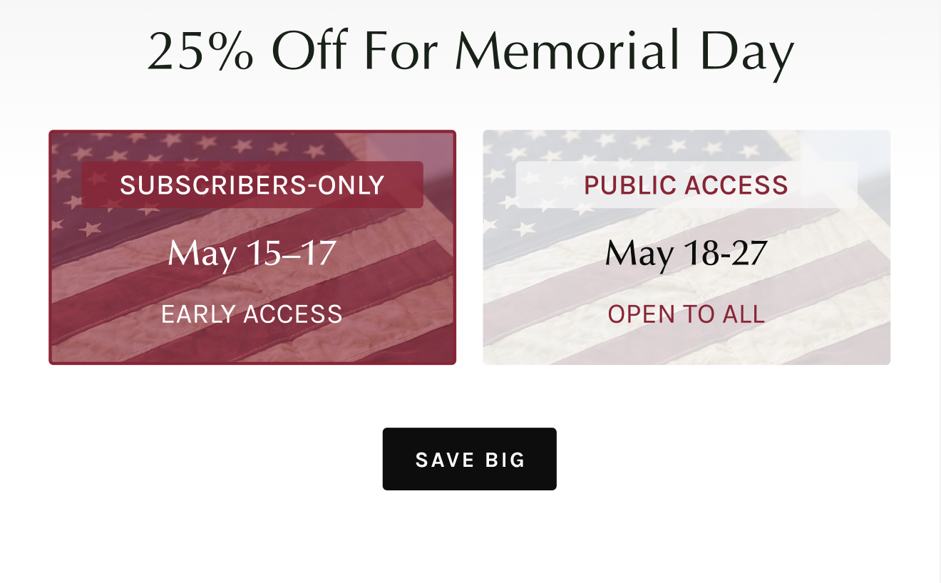 Subscribers only, May 15-17. Public sale access May 18-27.