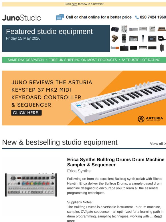 Juno reviews the Arturia KeyStep 37 MK2 + Erica Synths Bullfrog Drums now in stock & more studio equipment news...