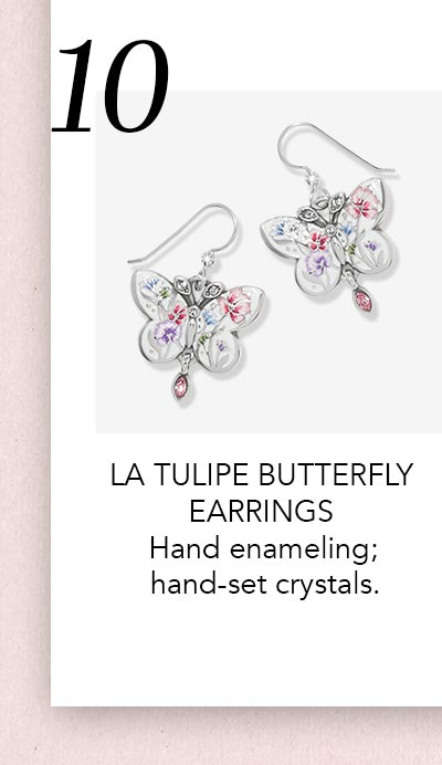 Ten: La Tulipe Butterfly Earrings - Hand enameling; hand-set crystals.