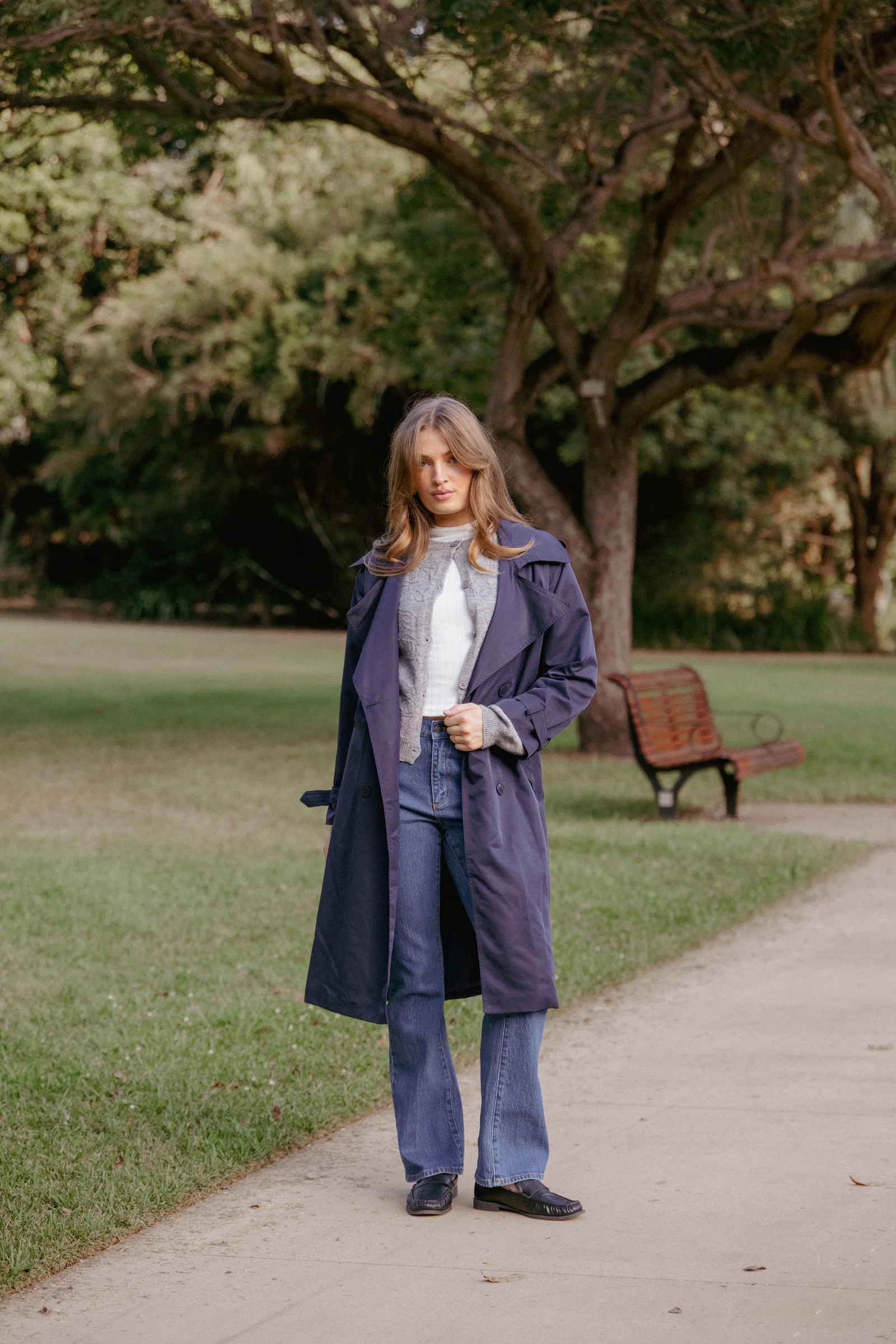 Image of Billy Button Front Trench Coat - Navy