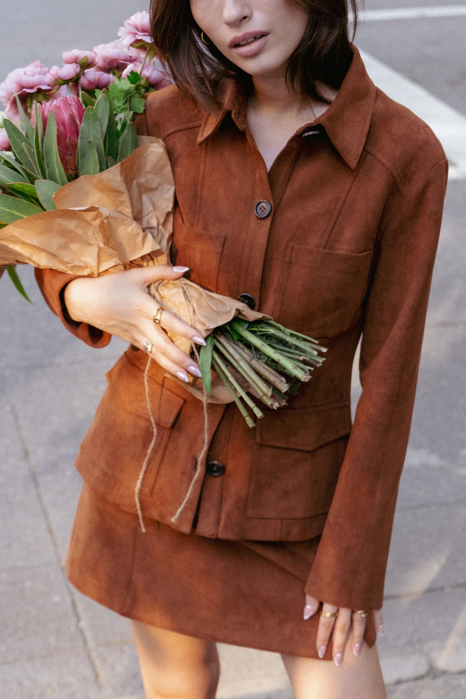 Image of Mahlee Faux Suede Shacket - Copper Tan