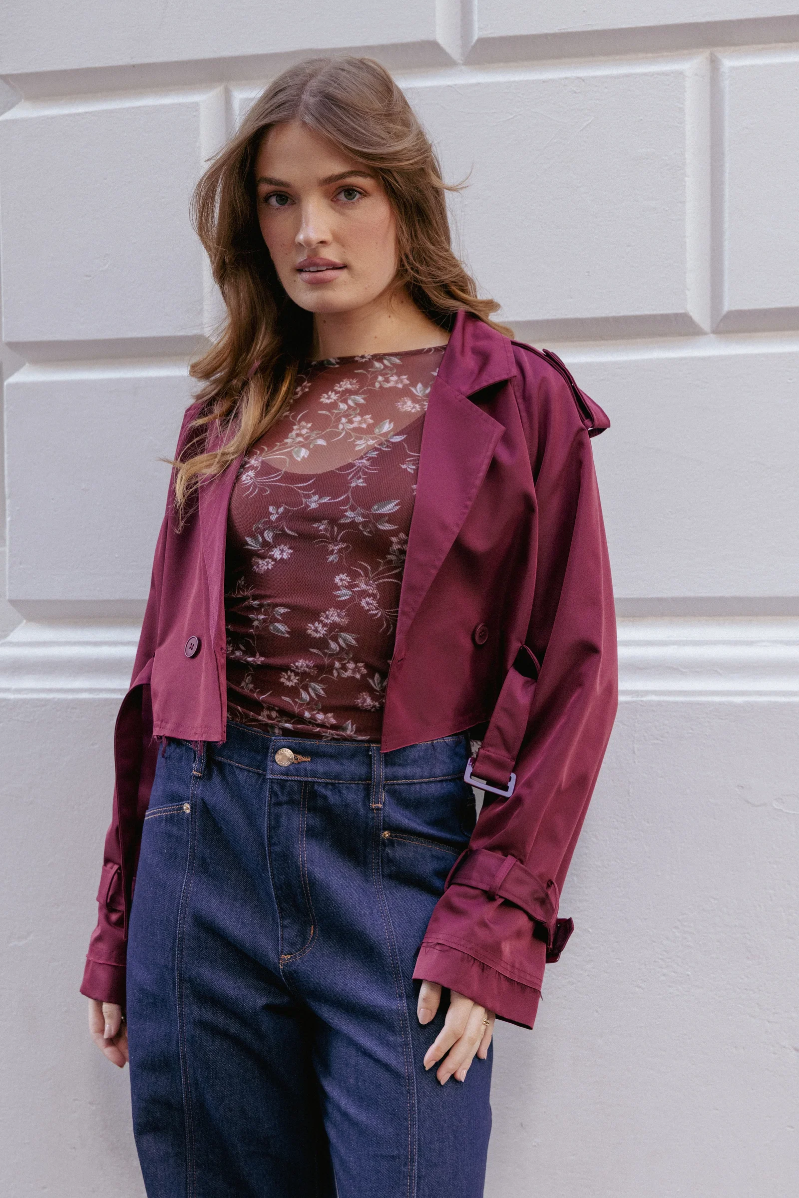 Image of Izzi Crop Trench Jacket - Burgundy