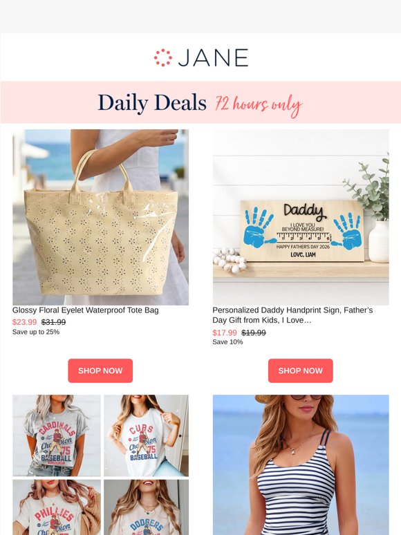 Daily Deals: Vintage Baseball Teams Bella Tee | Stripe Drawstring Tankini Swimsuit | Floral Eyelet Waterproof Tote Bag | & More!