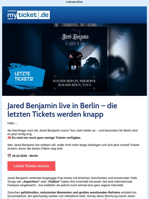 Fast ausverkauft: Letzte Tickets für Jared Benjamin!