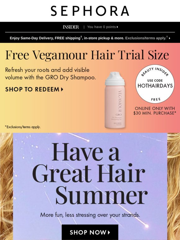 Score a FREE dry shampoo trial size from Vegamour 💛🌞