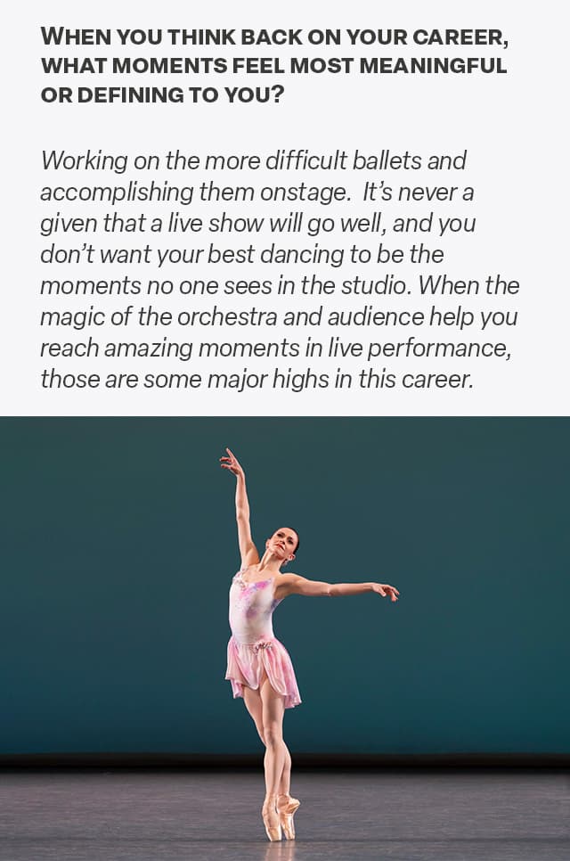 Image of Megan dancing next to question, "When you think back on your career, what moments feel most meaningful or defining to you?"
