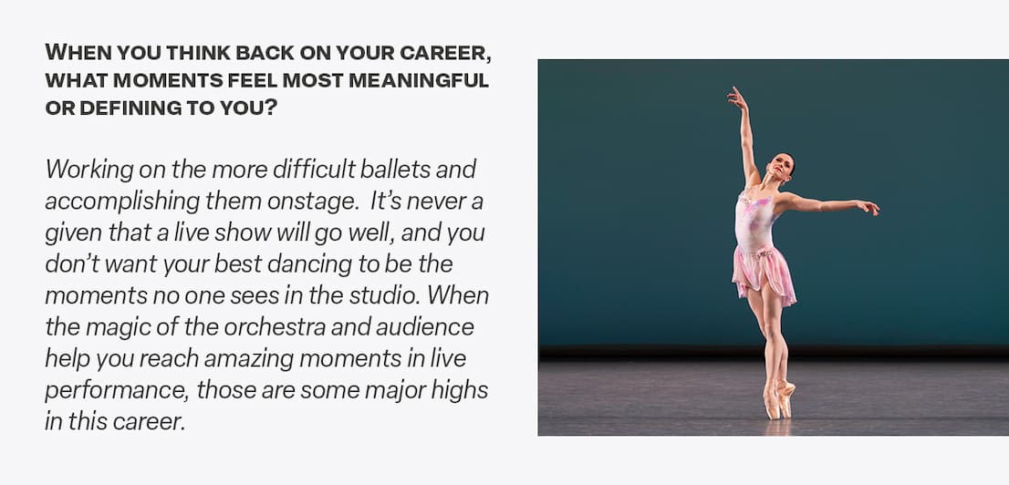 Image of Megan dancing next to question, "When you think back on your career, what moments feel most meaningful or defining to you?"