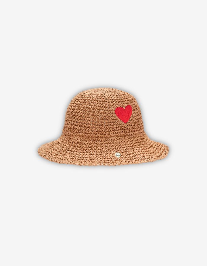 Bucket Hat aus Stroh mit Herz-Stickerei
